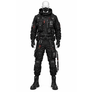 Pode incluir: Um traje tático preto com múltiplos bolsos, correias e um cinto utilitário. O traje inclui um casaco com capuz, calças com joelheiras, luvas e botas de combate. Uma máscara facial também está incluída. O número "07" está impresso.