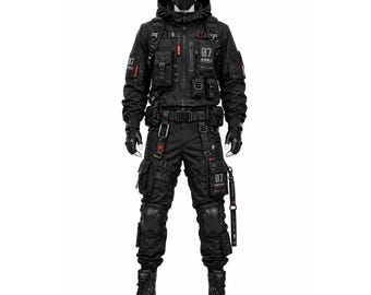May include: A black tactical outfit with multiple pockets, straps, and a utility belt. The outfit includes a hooded jacket, pants with knee pads, gloves, and combat boots. A face mask is also included. The number "07" is printed on the jacket and pants.