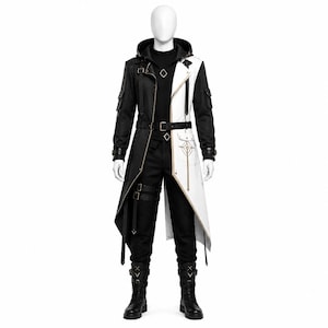 Black White Tactical Cosplay Coat, Futuristic Hooded Costume, Unisex Fantasy Armor Outfit