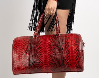 Deep Red Python Duffel Bag | Exotic Leather Weekender | Handmade Travel Bag
