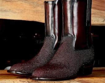 Real Stingray Skin Boots | Maroon Handmade Exotic Western Boots | Unique Footwear
