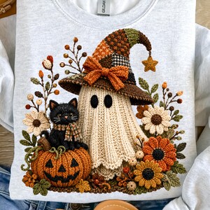 Patchwork spook PNG, gehaakt heksenspook PNG, zwarte kat pompoen, gezellige herfst Halloween sublimatie, digitale download,