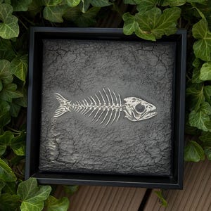 Könnte beinhalten: Ein quadratischer schwarzer Rahmen mit einer strukturierten dunkelgrauen Platte, auf der ein silberfarbenes Fischskelett-Relief zentriert ist. Das Skelett zeigt eine detaillierte Wirbelsäule, einen Brustkorb, eine Schwanzflosse und eine Schädelstruktur.