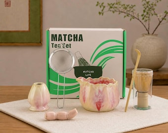 Ensemble de bols à matcha en céramique, service à thé matcha floral, cadeau de thé japonais minimaliste pour elle
