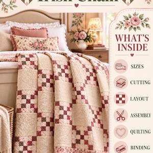 Puede incluir: Un patrón PDF digital para una colcha Single Irish Chain con un diseño de patchwork en crema y granate. El texto dice Single Irish Chain, What's Inside, Sizes, Cutting, Layout, Assembly, Quilting, Binding y Digital PDF Pattern No Physical Item.