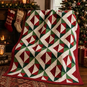 Puede incluir: Una colcha rectangular con un patrón geométrico de triángulos en rojo intenso, verde bosque y blanco crema. El diseño consta de bloques cuadrados repetitivos con líneas de costura en cuadrícula, rematados con un borde rojo sólido.