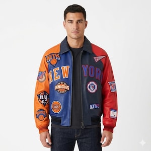 Multi-Color Leather Varsity Jacket, Retro Patchwork Bomber, 90s Streetwear Letterman Coat, Colorblock Genuine Leather Flight Jacket Unisex
