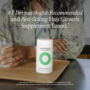 May include: A white cylindrical bottle of Nutrafol Women's Vegan hair growth supplement. The bottle has a green circular design and the text "Hair Growth Nutraceutical". The image also includes the text "#1 Dermatologist-Recommended and Best-Selling Hair Growth Supplement Brand."