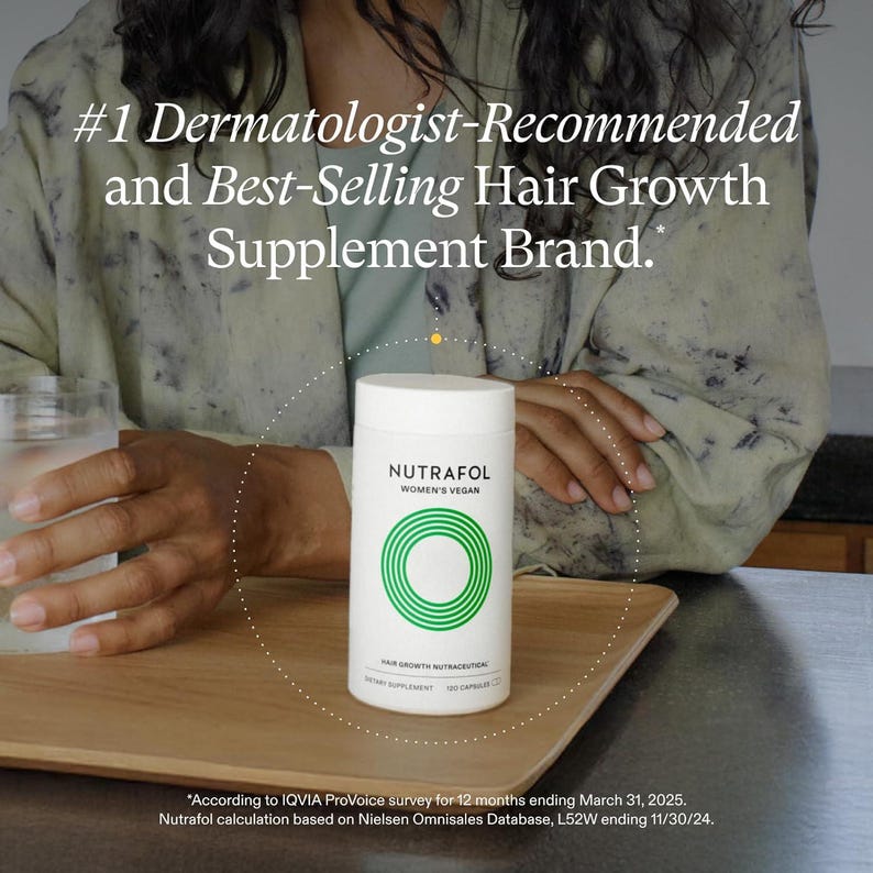May include: A white cylindrical bottle of Nutrafol Women's Vegan hair growth supplement. The bottle has a green circular design and the text "Hair Growth Nutraceutical". The image also includes the text "#1 Dermatologist-Recommended and Best-Selling Hair Growth Supplement Brand."