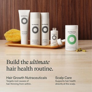 May include: A selection of white Nutrafol hair care products, including bottles and tubes, displayed on a wooden tray. The products feature a black and white circular logo. A yellow sponge and a bottle of capsules are also present. Text reads: Build the ultimate hair health routine.