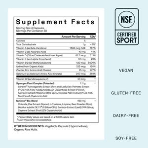 May include: A supplement facts label detailing the ingredients of a dietary supplement. The label includes vitamins, minerals, and plant extracts such as ashwagandha and turmeric. The product is certified sport, vegan, gluten-free, dairy-free, and soy-free.
