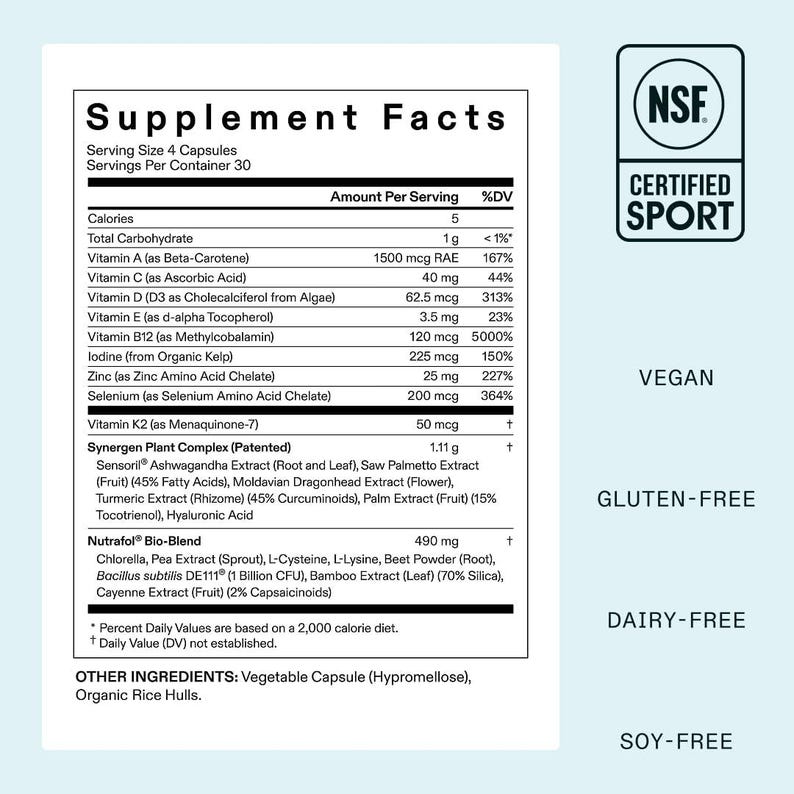 May include: A supplement facts label detailing the ingredients of a dietary supplement. The label includes vitamins, minerals, and plant extracts such as ashwagandha and turmeric. The product is certified sport, vegan, gluten-free, dairy-free, and soy-free.