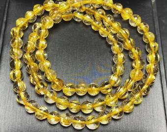 6.5mm Natural Gold Rutilated Quartz Stretch Crystal Beads Bracelet B3