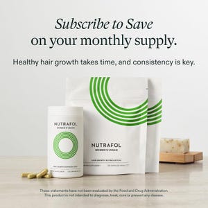 May include: Image of Nutrafol Women's Vegan hair growth supplement. The packaging is white with green circular designs and text. The image includes capsules and a bar of soap. The text reads 'Subscribe to Save'.