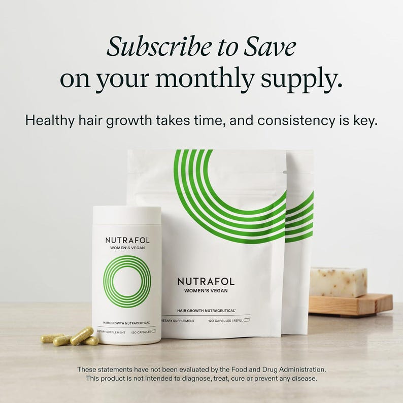 May include: Image of Nutrafol Women's Vegan hair growth supplement. The packaging is white with green circular designs and text. The image includes capsules and a bar of soap. The text reads 'Subscribe to Save'.