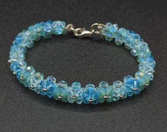 Handmade Blue Bicone Crystal Glass Bead Flower Sterling Silver Clasp Bracelet
