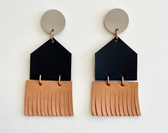 Port Earrings | Black + Blush Fringe Earrings | Eco copper + leather