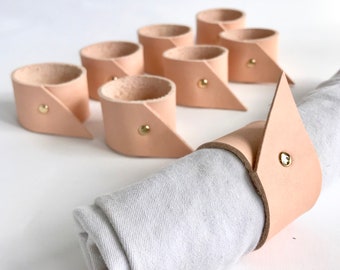 Napkin Rings, set of 8, made with vegetable tanned nude leather and brass