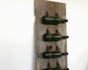 Barnwood 5 bottle wine rack or magazine holder, recycled leather, #2