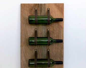 Barnwood Wine Rack, 3 bottle recycled leather and antique wood, #1