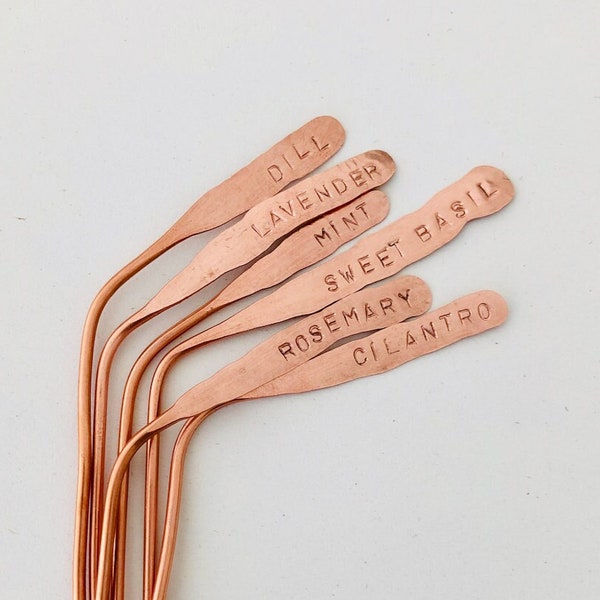 Set of Six Herb Markers + Plant labels, identification tags custom made from recycled copper