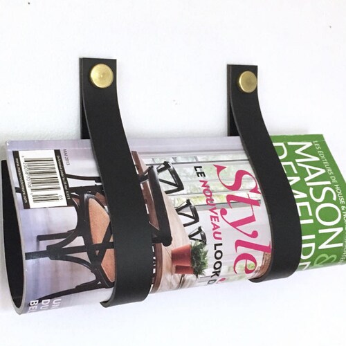 Magazine Holder Recycled Leather and Brass Wall Strap for Etsy