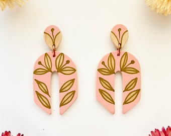 Lily Earrings in Pink - birch gold detail light wood earrings