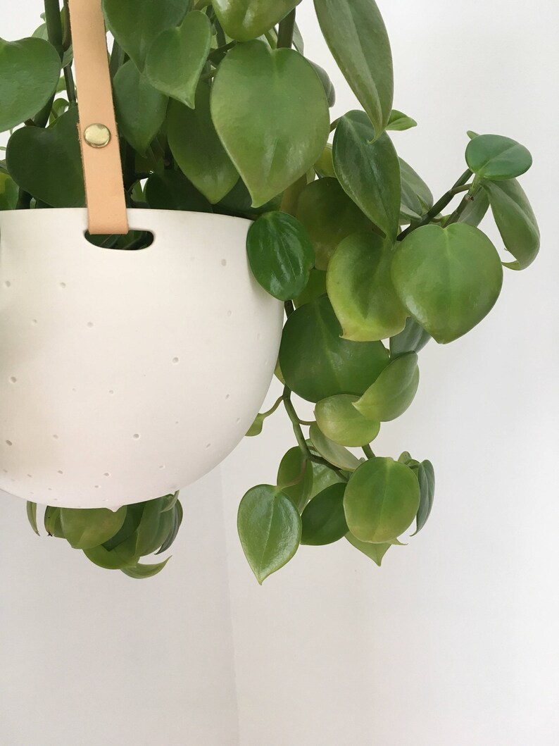 Hanging Planter in Ceramic and Recycled Leather Porcelain Plant Hanger image 7
