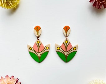 Tulip Earrings in pink orange yellow and green - birch gold detail light wood earrings