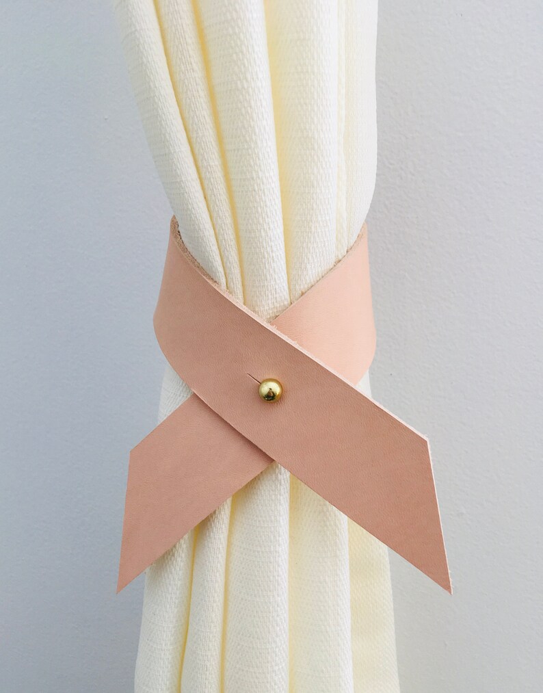 Nude Blush Veg Tan Leather Drape Curtain Tie Backs with Brass Button Studs custom made for your curtains image 5