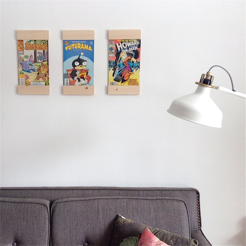 May include: Three comic books are displayed on a white wall using a simple wooden frame. The comic books are "B.W.O.K.S", "FUTURAMA", and "HOWARD THE DUCK". A white lamp with a gold base is in the background.