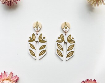 Lily Earrings in White - birch gold detail light wood earrings