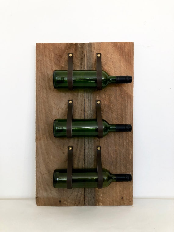 Barnwood Wine Rack 3 Bottle Recycled Leather and Antique Wood 1 Etsy Canada