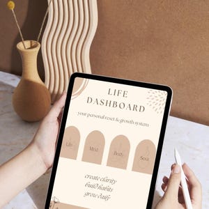 Könnte beinhalten: Ein Tablet mit einer Life Dashboard-Oberfläche für ein persönliches Reset- und Wachstumssystem. Der Bildschirm zeigt vier bogenförmige Symbole mit den Beschriftungen Life, Mind, Body, Soul sowie den Text create clarity, build habits, grow daily.
