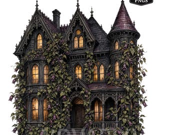 Gothic House Clipart, Haunted Mansion PNG, Victorian Manor Watercolor, Spooky House Digital Download