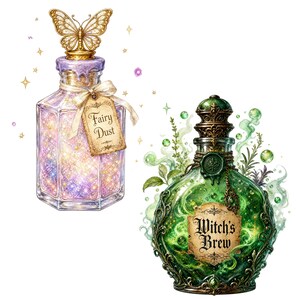 May include: Two glass bottles. The left bottle is hexagonal, filled with iridescent purple and gold glitter, topped with a gold butterfly stopper, and features a tag labeled Fairy Dust. The right bottle is round, green, filled with swirling liquid and bubbles, and features a label labeled Witch's Brew.
