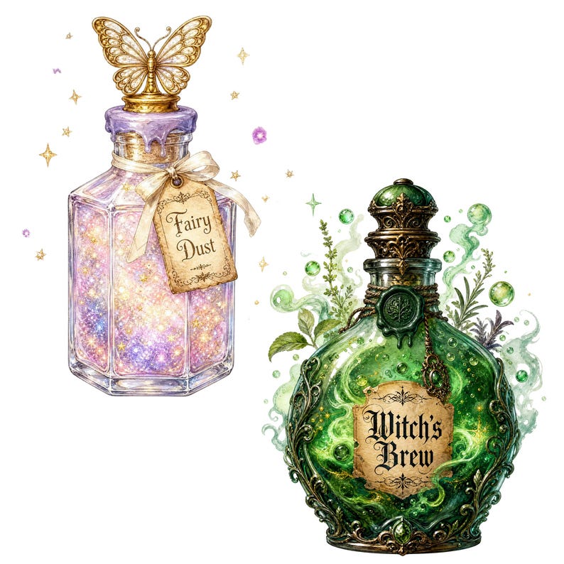 May include: Two glass bottles. The left bottle is hexagonal, filled with iridescent purple and gold glitter, topped with a gold butterfly stopper, and features a tag labeled Fairy Dust. The right bottle is round, green, filled with swirling liquid and bubbles, and features a label labeled Witch's Brew.