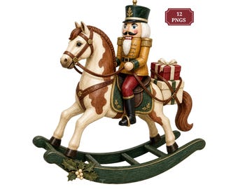 May include: A nutcracker figure wearing a green hat and gold jacket sits atop a brown and white pinto rocking horse. The horse features a dark green rocker base with holly accents and carries two stacked gift boxes on its back.