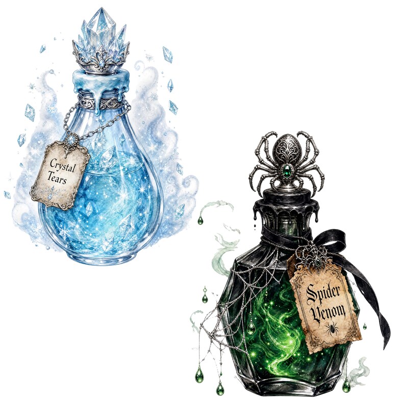 May include: Two glass potion bottles. The left bottle is blue, filled with glowing liquid, topped with a crystal, and labeled 'Crystal Tears'. The right bottle is black, filled with green liquid, topped with a spider, and labeled 'Spider Venom'.