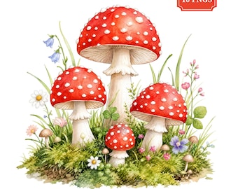 Watercolor Mushroom PNG Bundle, Colorful Woodland Toadstool Clipart, Botanical Forest Sublimation Designs, Digital Download