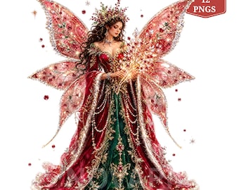 May include: A digital illustration of a fairy with large, translucent red wings, wearing a deep red and green gown adorned with gold embroidery, pearls, and crystals. The figure wears a floral crown and holds a glowing branch. Text reads 12 PNGS.