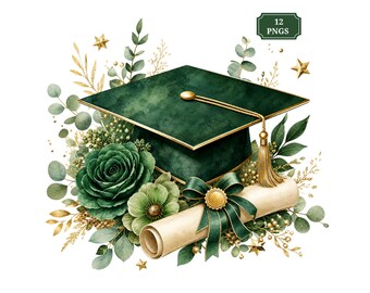 May include: A dark green graduation cap with a gold tassel, a rolled diploma tied with a green ribbon and gold seal, surrounded by green roses, eucalyptus leaves, and gold star accents. A small rectangular label reads 12 PNGS.