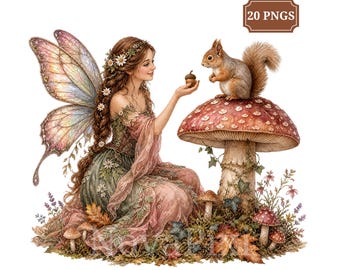 May include: A digital illustration of a fairy with iridescent wings and a floral crown, wearing a green and pink dress, holding an acorn toward a squirrel perched on a large red mushroom with white spots. The text 20 PNGS appears in a brown box.