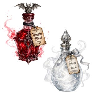 May include: Two decorative glass bottles. The left bottle is filled with red liquid, topped with a bat-shaped stopper, and has a tag labeled "Vampire Blood." The right bottle contains swirling white mist, a silver stopper, and a tag labeled "Ghost Mist."