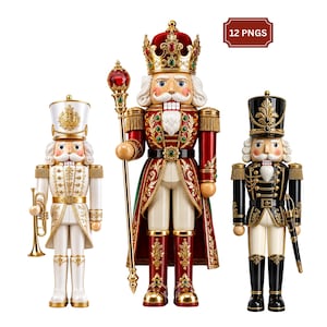 Könnte beinhalten: Drei Nussknacker-Figuren, darunter ein weiß-goldener Soldat mit Trompete, ein zentraler König in rot-goldenen Gewändern mit Zepter und ein schwarz-goldener Soldat mit Schwert. Der Text 12 PNGS ist in der oberen rechten Ecke sichtbar.