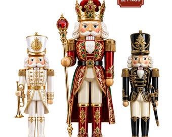 May include: Three nutcracker figures including a white and gold soldier with a trumpet, a central king in red and gold robes holding a scepter, and a black and gold soldier with a sword. The text 12 PNGS is visible in the upper right corner.