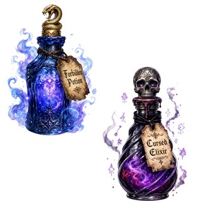 May include: Two glass bottles with ornate stoppers. The left bottle is blue with a gold snake stopper and a tag reading Forbidden Potion. The right bottle is purple with a silver skull stopper and a tag reading Cursed Elixir, both surrounded by magical smoke.