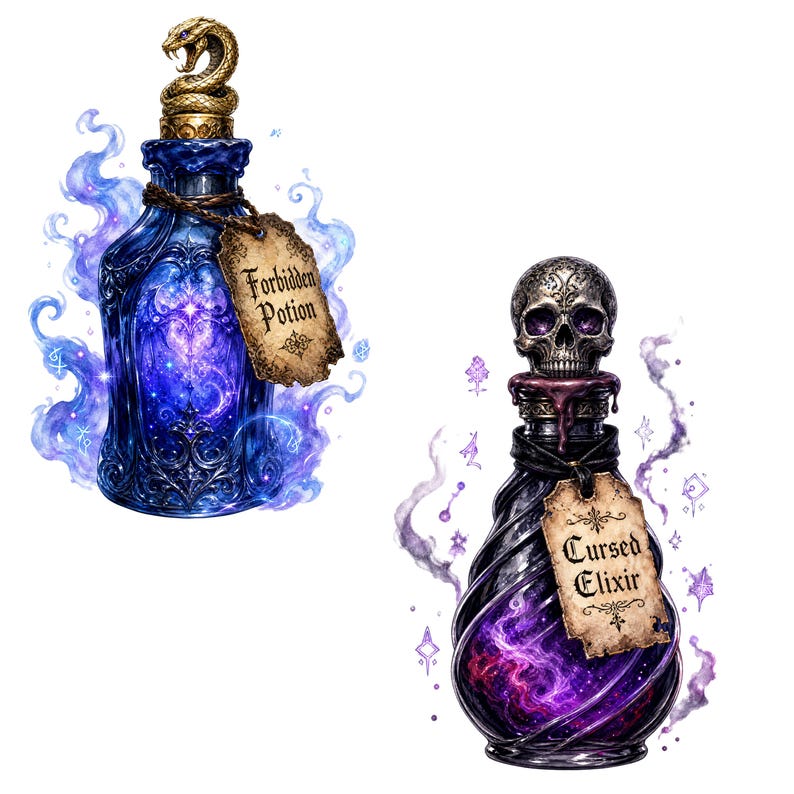 May include: Two glass bottles with ornate stoppers. The left bottle is blue with a gold snake stopper and a tag reading Forbidden Potion. The right bottle is purple with a silver skull stopper and a tag reading Cursed Elixir, both surrounded by magical smoke.