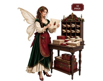 May include: A digital illustration of a fairy with translucent wings wearing a green and red velvet dress, holding an envelope. Beside them is a wooden desk with cubby holes filled with letters, wrapped gifts, and a sign reading 12 PNGS.