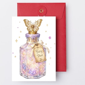 May include: A greeting card featuring a rectangular glass bottle filled with sparkling purple and gold glitter. The bottle has a gold butterfly stopper, a light purple wax seal, and a beige tag tied with a ribbon that reads Fairy Dust.